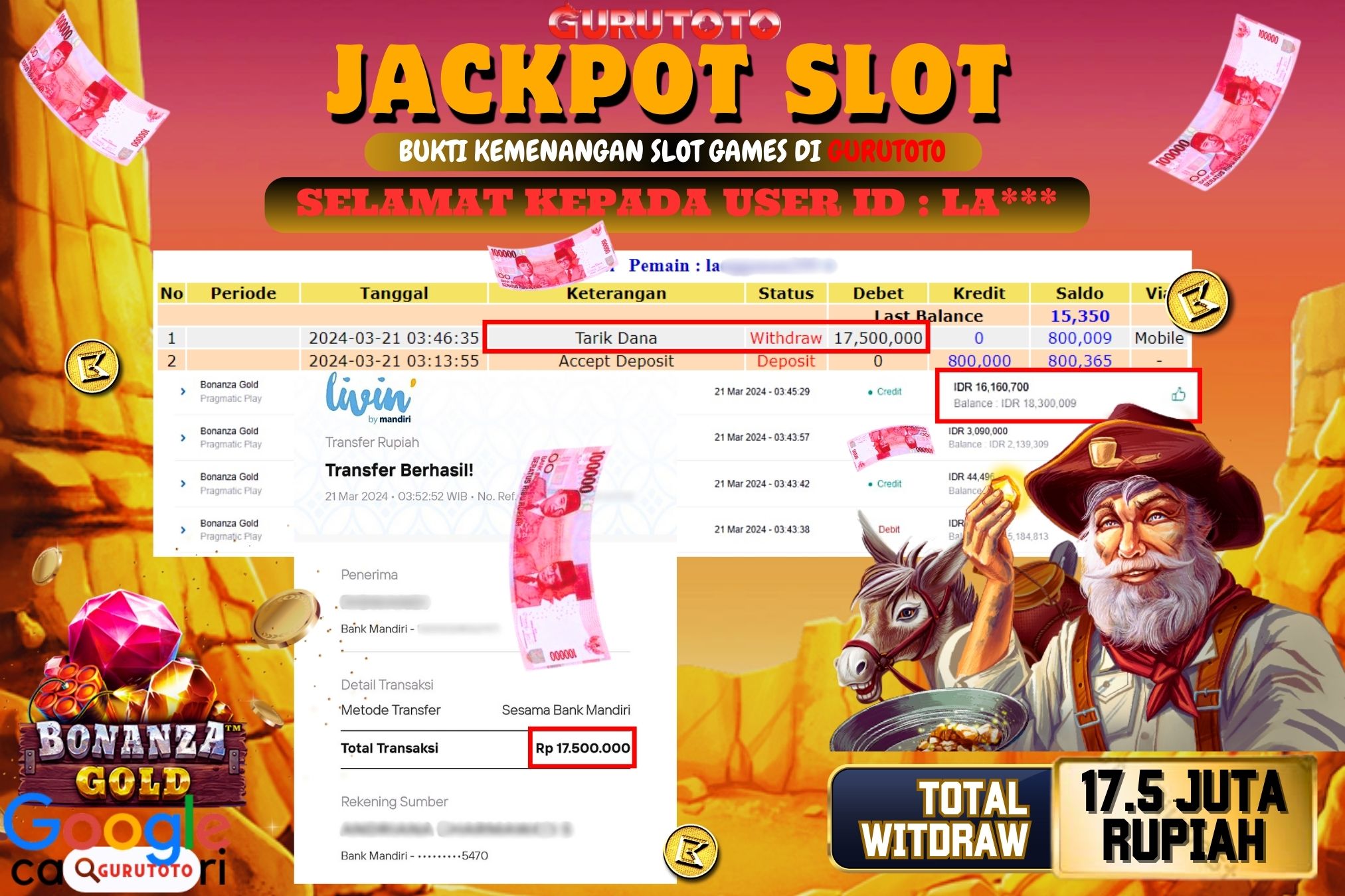 Jackpot Slot Bonanza Gold di Gurutoto sebesar Rp.17.500.00 telah dibayar lunas.