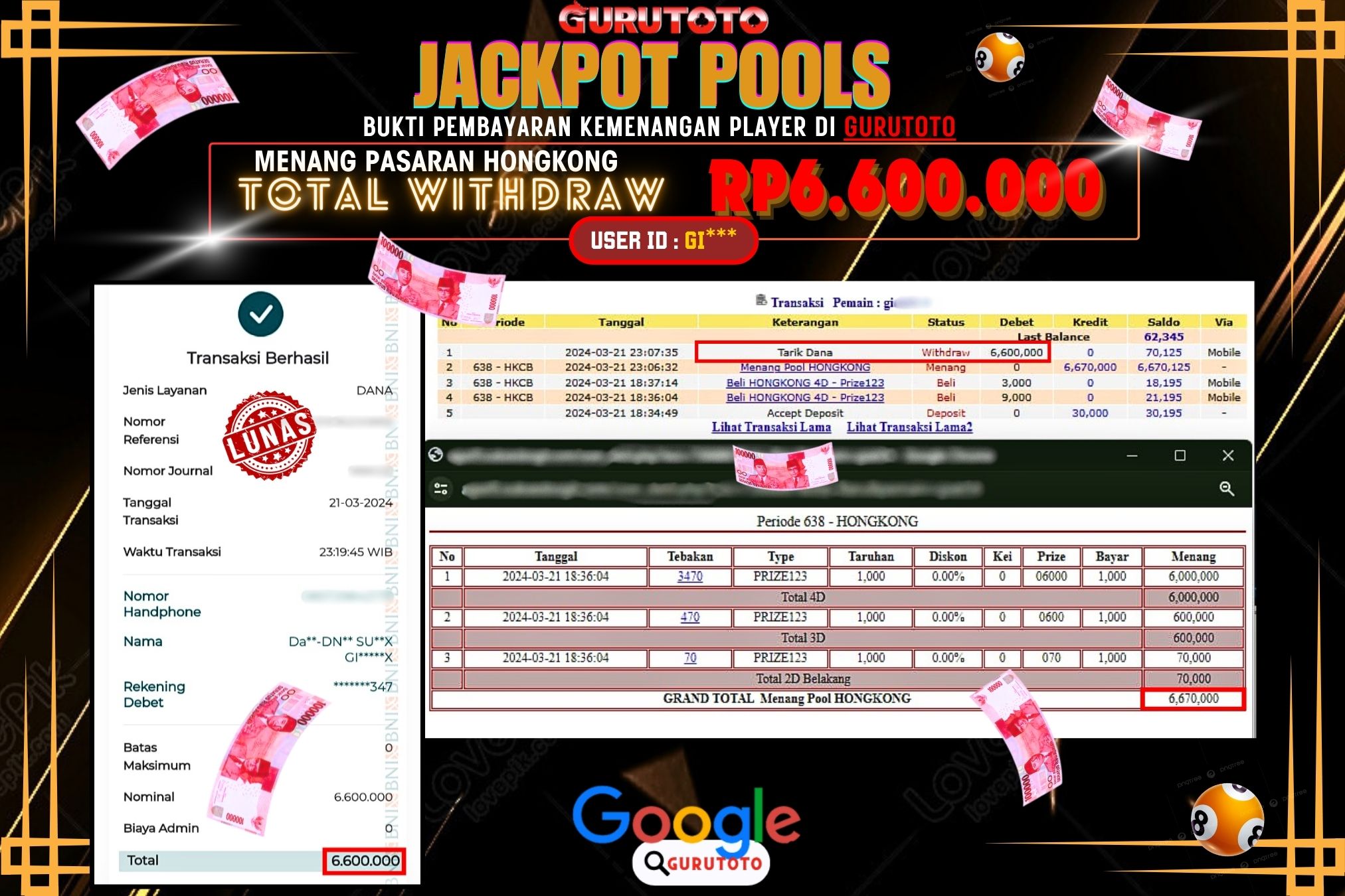 Jackpot Togel HONGKONG Pools di Gurutoto sebesar Rp.6.600.000,- telah dibayar lunas.