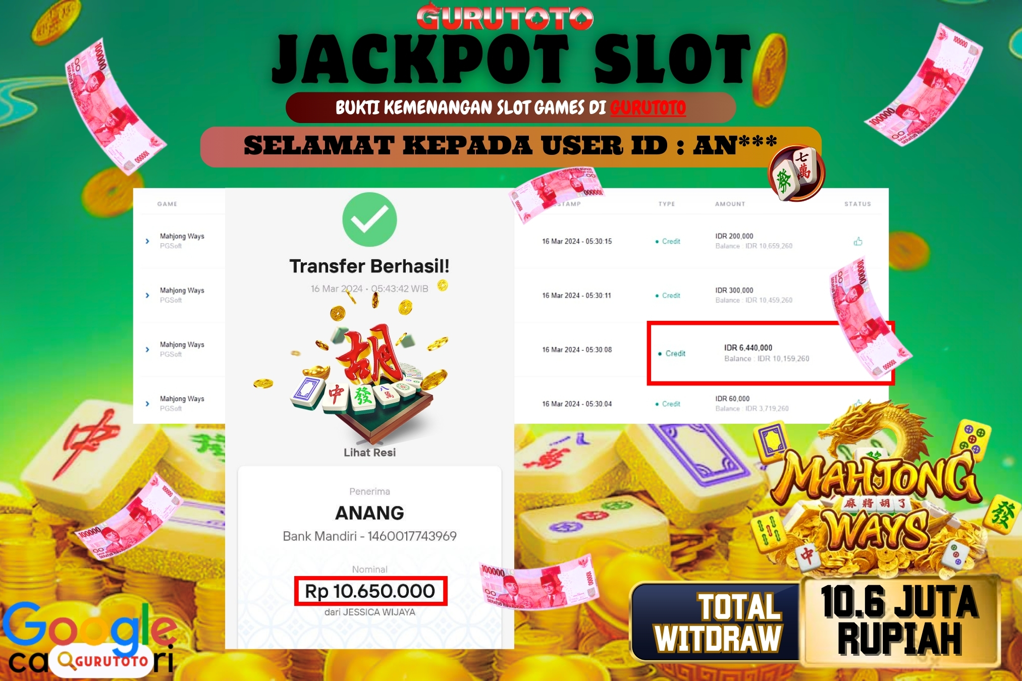 Jackpot Slot Mahjong Ways  di Gurutoto sebesar Rp.10.650.000 telah dibayar lunas.