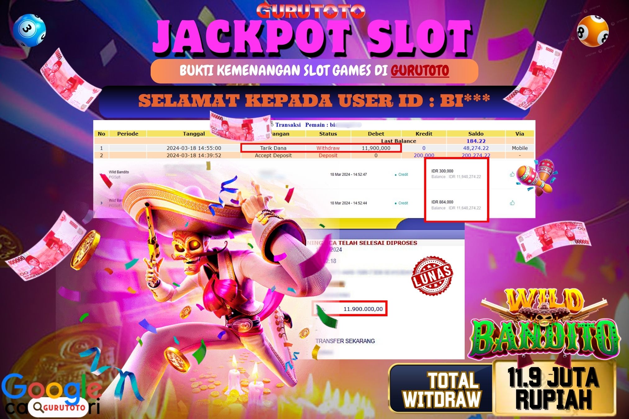 Jackpot Slot Wild Bandito  di Gurutoto sebesar Rp.11.900.000 telah dibayar lunas.