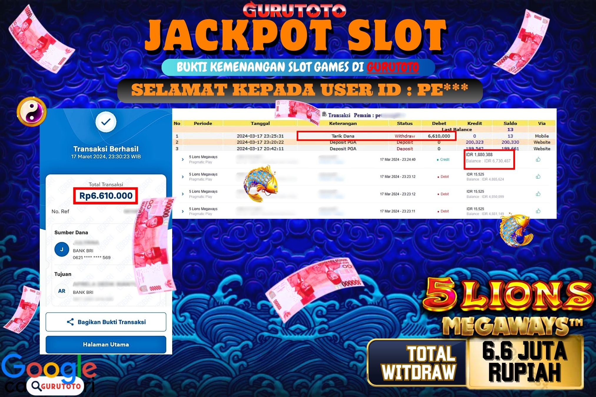 Jackpot Slot 5 Lion Megaways di Gurutoto sebesar Rp.6.610.000 telah dibayar lunas.