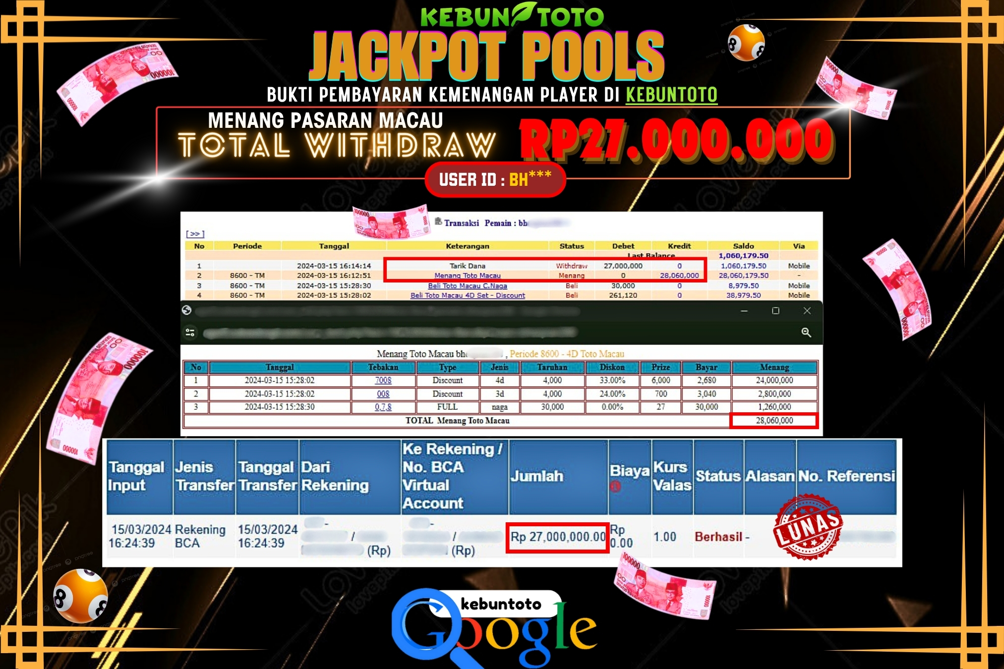 KEBUNTOTO JACKPOT TOGEL PASARAN MACAU Rp.27.000.000,- LUNAS