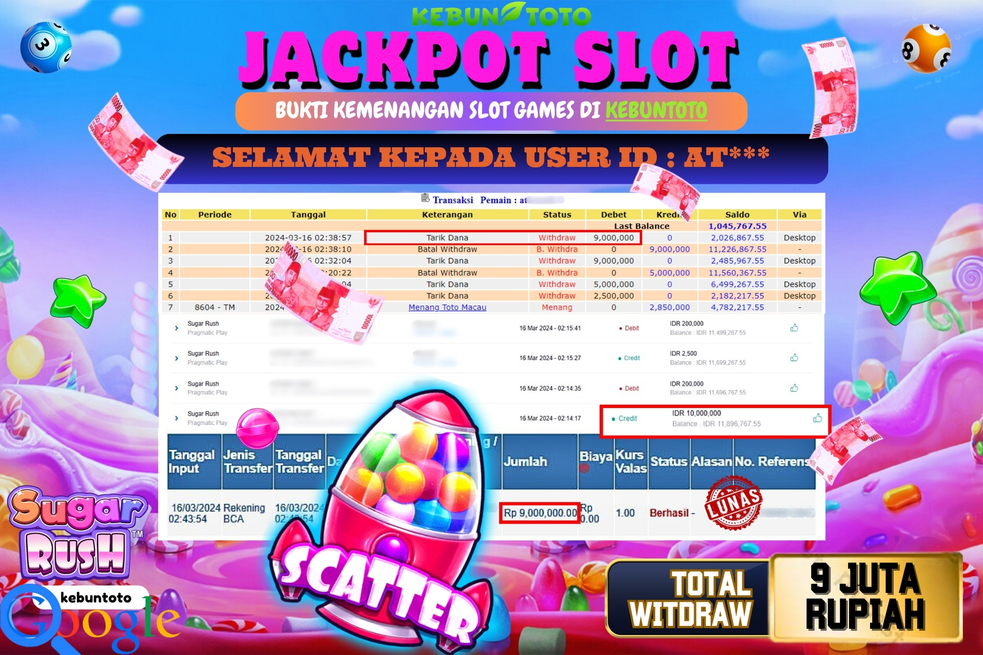 KEBUNTOTO JACKPOT SLOT SUGAR RUSH Rp.9.000.000,- LUNAS