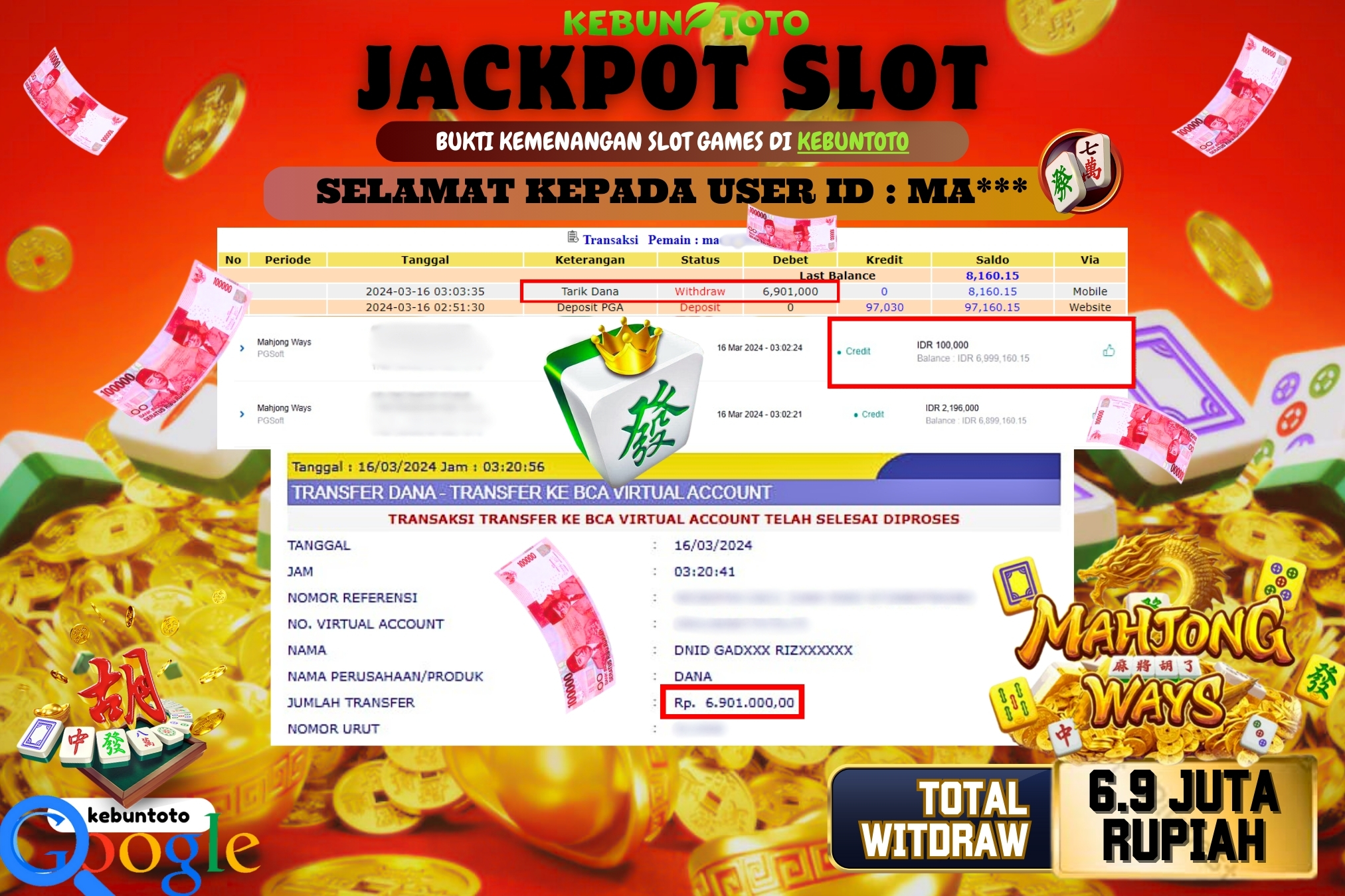 KEBUNTOTO JACKPOT SLOT MAHJONG WAYS Rp.6.901.000 ,- LUNAS