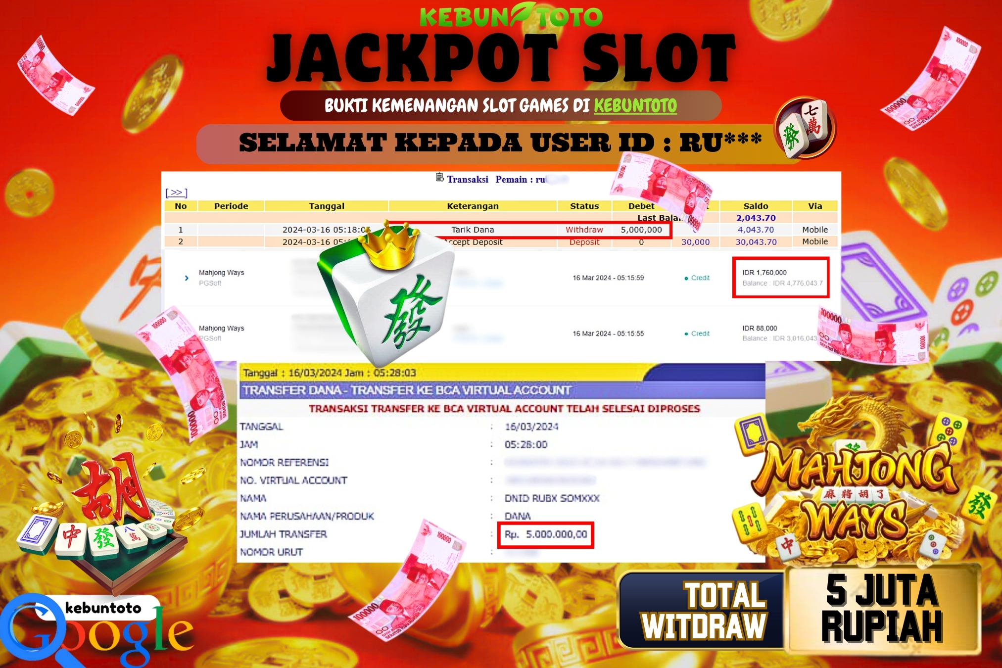 KEBUNTOTO JACKPOT SLOT MAHJONG WAYS Rp.5.000.000,- LUNAS