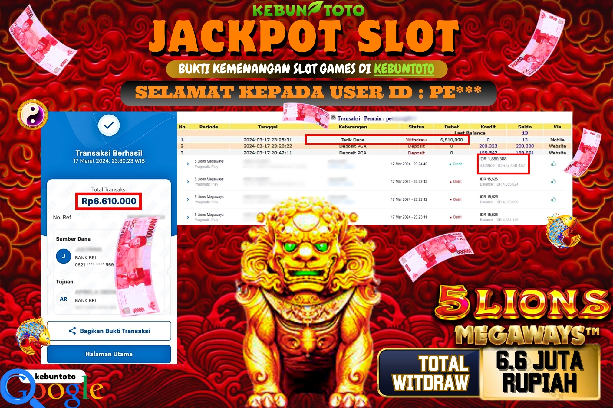 KEBUNTOTO JACKPOT SLOT 5 LION MEGAWAYS Rp.6.610.000,- LUNAS