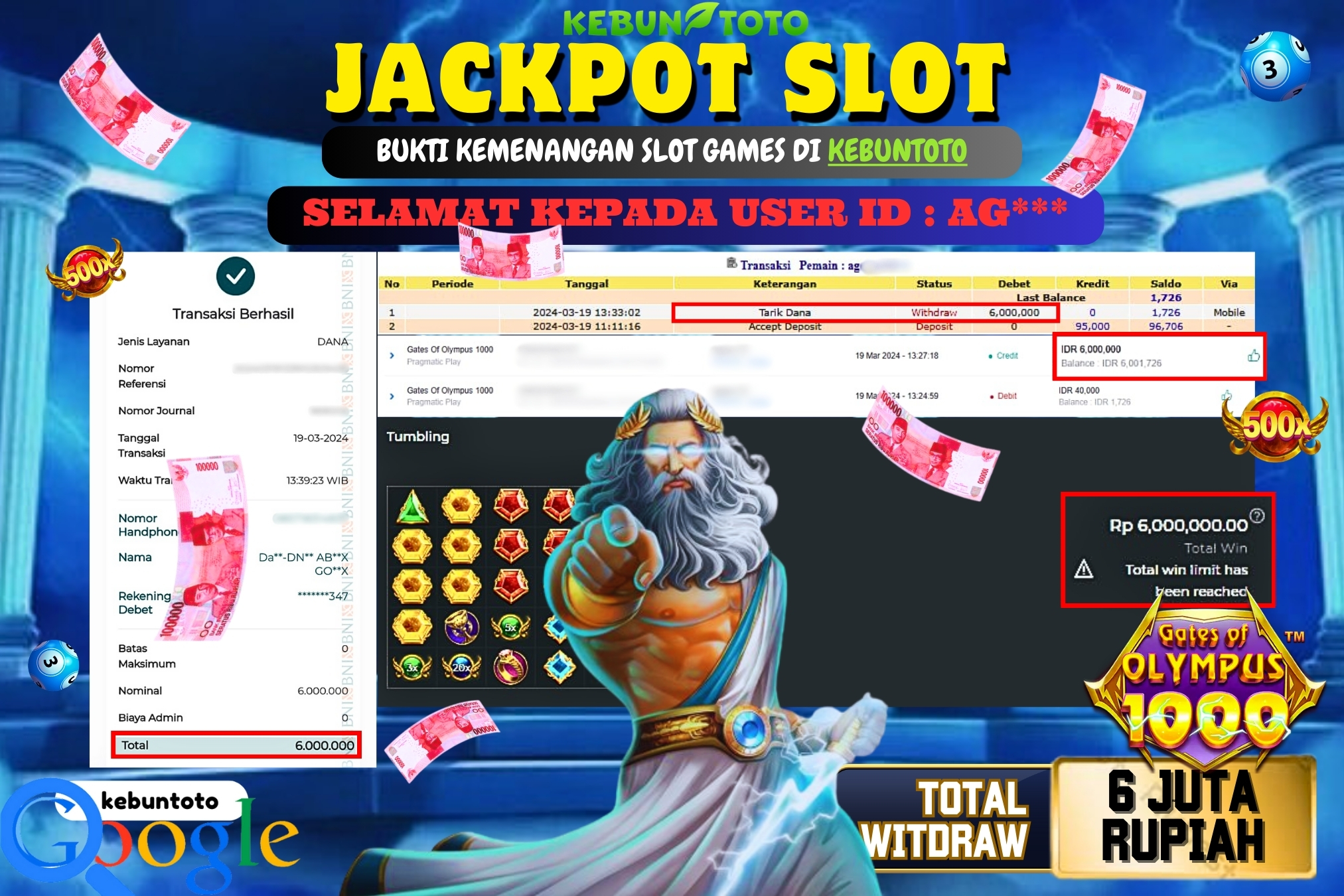 KEBUNTOTO JACKPOT SLOT GATES OF OLYMPUS 1000 Rp.6.000.000,- LUNAS
