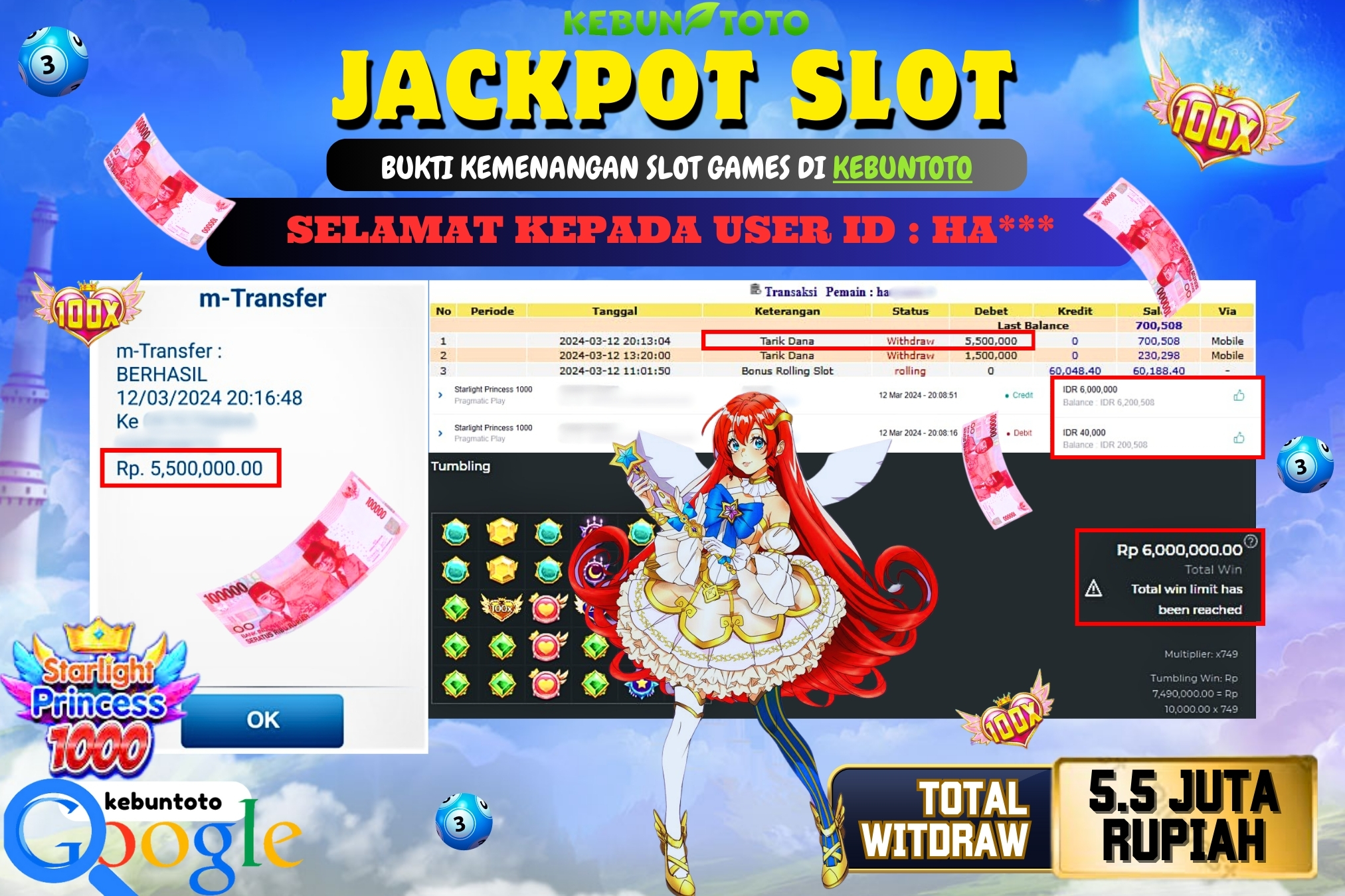 KEBUNTOTO JACKPOT SLOT STARLIGHT PRINCESS 1000 Rp.5.500.000,- LUNAS