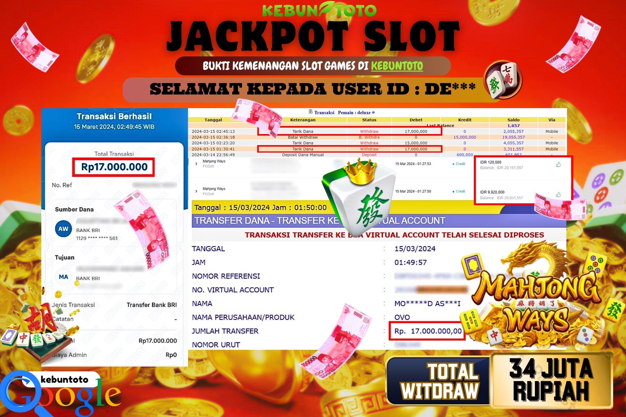 KEBUNTOTO JACKPOT SLOT MAHJONG WAYS Rp.34.000.000,- LUNAS